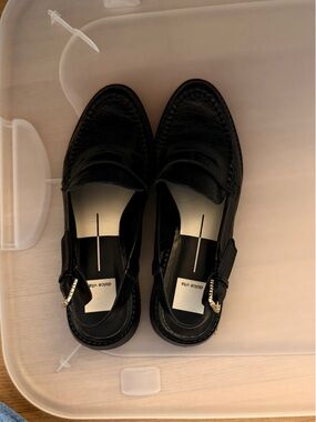 Dolce Vita Black Leather Slip-On Loafers with Gold Buckle